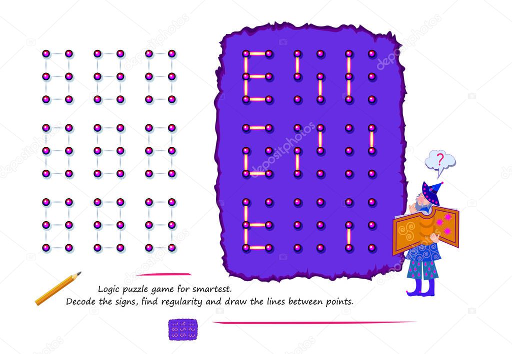 Logic puzzle game for smartest. Decode the signs, find regularity and draw the lines between points. Page for brain teaser book. Play online. Developing spatial thinking. Vector cartoon illustration.