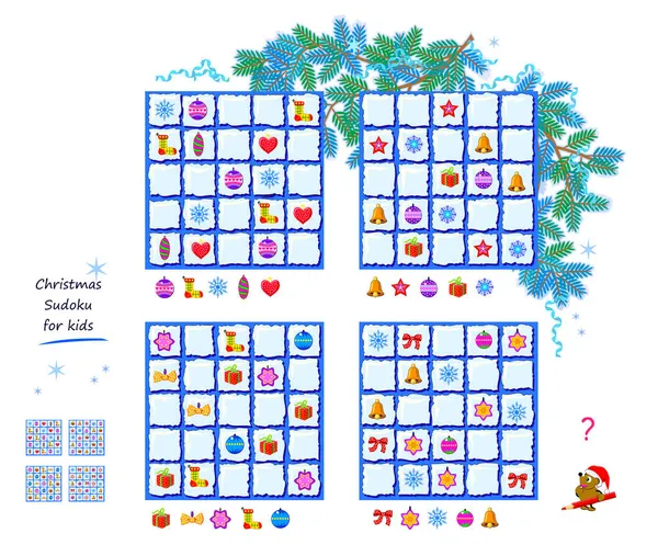 Christmas Sudoku Kids Page Brain Teaser Book Set Logic Puzzle — Stock Vector