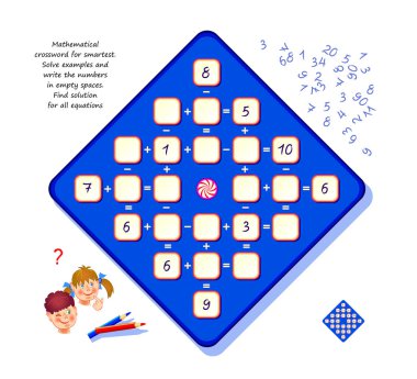 Mathematical crossword for smartest. Logic puzzle game for children and adults. Solve examples and write the numbers. Find solution for all equations. Brain teaser book. Developing counting skills. clipart