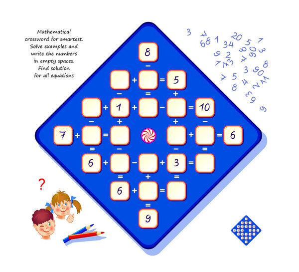 Mathematical crossword for smartest. Logic puzzle game for children and adults. Solve examples and write the numbers. Find solution for all equations. Brain teaser book. Developing counting skills.