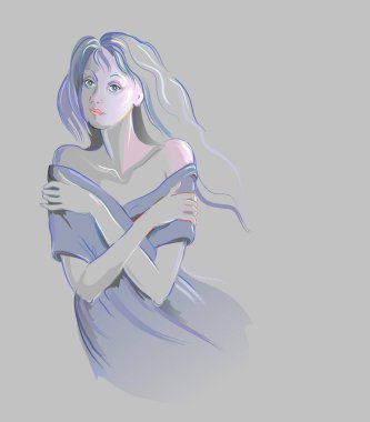 Winter freeze. Drawing of a young woman who is cold in winter. Sketch of girl on grey paper background. Imitation of gouache painting. Vector image. Isolated artistic illustration. clipart