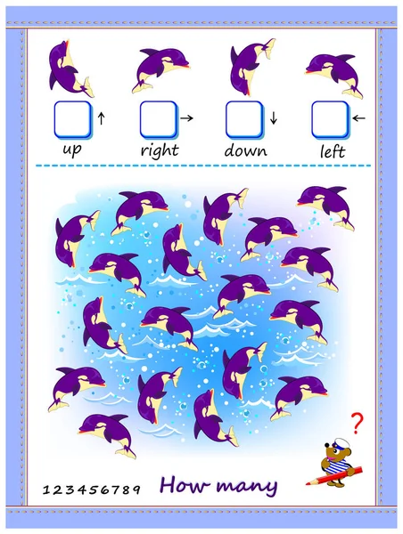 Éducation Mathématique Pour Les Enfants Comptez Quantité Dauphins Nageant Dans — Image vectorielle