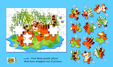 Çocuklar ve yetişkinler için mantık oyunu. Resmin dışına düşmüş üç yapboz parçası bul. Çocuk beyinli muziplik kitabı için basılabilir sayfa. Uzaysal düşünce geliştiriyorum. İnternette oyna. Vektör illüstrasyonu.