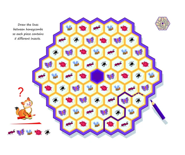 Логічна Головоломка Дітей Дорослих Намалюйте Лінії Між Медоносцями Щоб Кожен — стоковий вектор