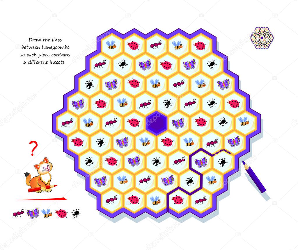 Logic puzzle for children and adults. Draw the lines between honeycombs so each piece contains 5 different insects. Educational game. Kids brain teaser book. Developing counting skills. Play online.
