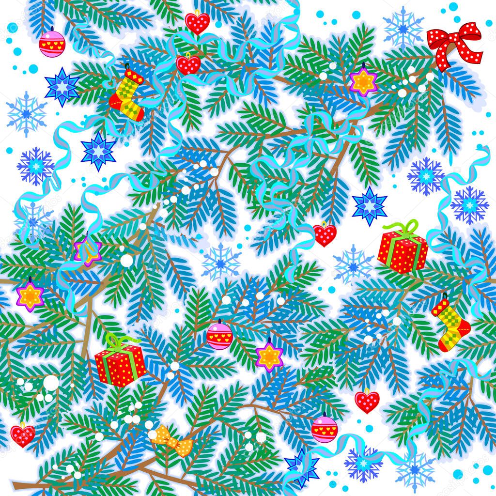 Seamless pattern ornament. Christmas holidays decoration. Festive New Years illustration with toys and Christmas tree brunches. Beautiful ornate background for fabric, print, wallpaper and textile.