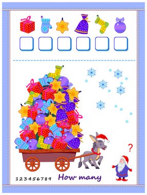Çocuklar için matematik eğitimi. Eşeğe kaç tane Noel hediyesi getirdin? Miktarı say ve rakamları yaz. Çocuk ders kitabı için basılabilir çalışma kağıdı. Sayma becerileri geliştiriyorum. Eğitici oyun.
