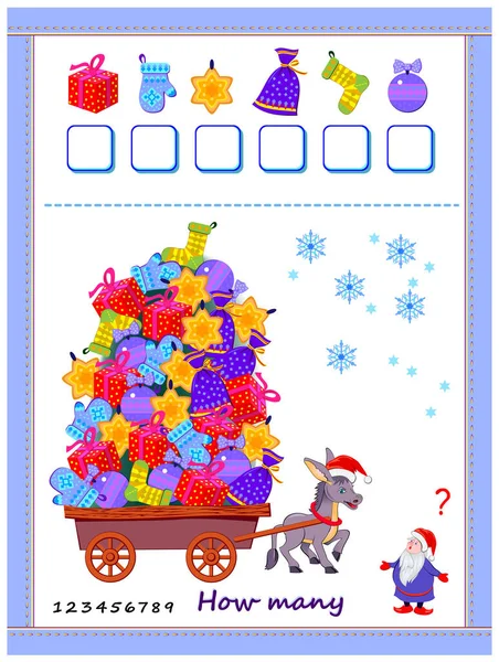 儿童的数学教育 这头驴带了多少圣诞礼物 数数数量 写下数字 儿童课本的可打印工作表 发展计数技能 教育游戏 — 图库矢量图片