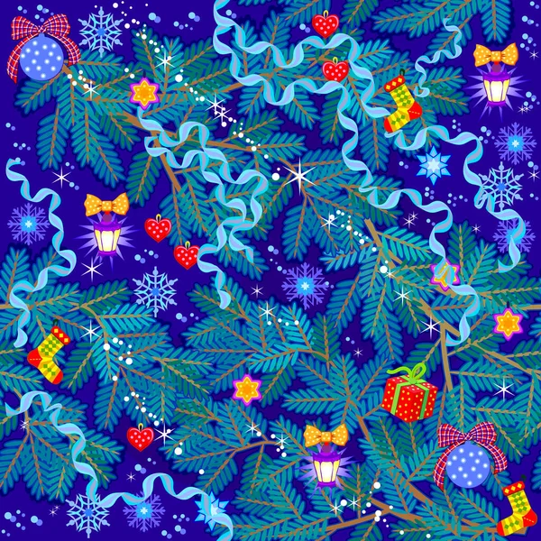 Naadloos Patroon Ornament Kerstvakantie Decoratie Feestelijke Nieuwjaarsillustratie Met Speelgoed Kerstboombrunches — Stockvector