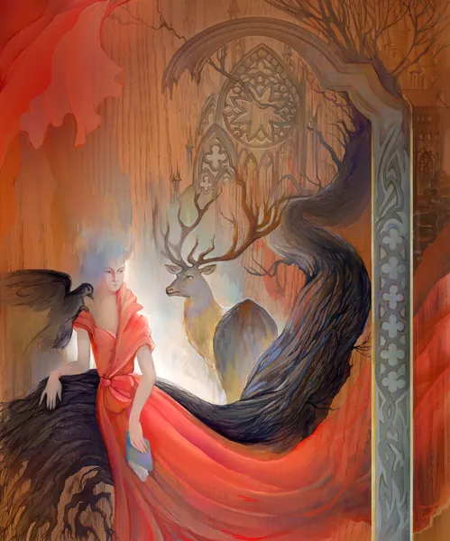 森林的女神 木材上的油画 神奇的传说中的女巫在野生动物的环境与她的动物 一个古老的中世纪凯尔特传说的幻想插图 超现实主义风格 — 图库照片