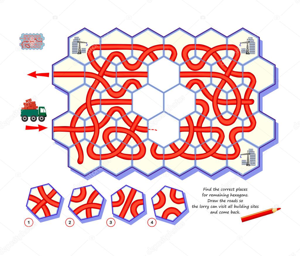 Logic puzzle game. Find the correct places for remaining hexagons. Draw the roads so the lorry can visit all building sites and come back. Worksheet for brain teaser book. Play online. Maze for kids.