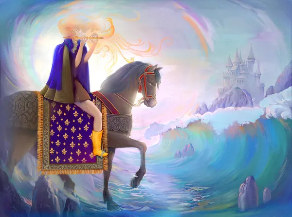 凯尔特女神油画在帆布上 年轻的仙女骑着马 吹长笛 一个中世纪北欧传说的幻想图解 超现实主义风格 — 图库照片