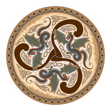 Ancient Celtic symbol. Triple trickle spiral ornament with fantasy druid dragons symbols. Ethnic Breton sign. Print for logo, icon, tattoo. Folk geometric circle decoration. Vector illustration. clipart
