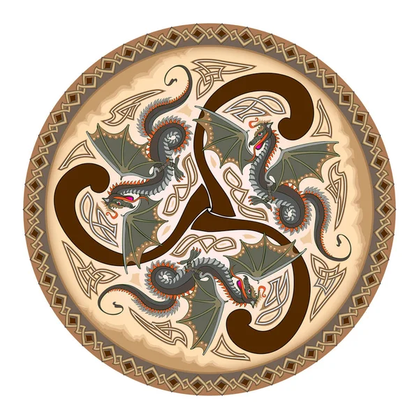 Antico Simbolo Celtico Triplo Gocciolamento Ornamento Spirale Con Fantasia Draghi — Vettoriale Stock