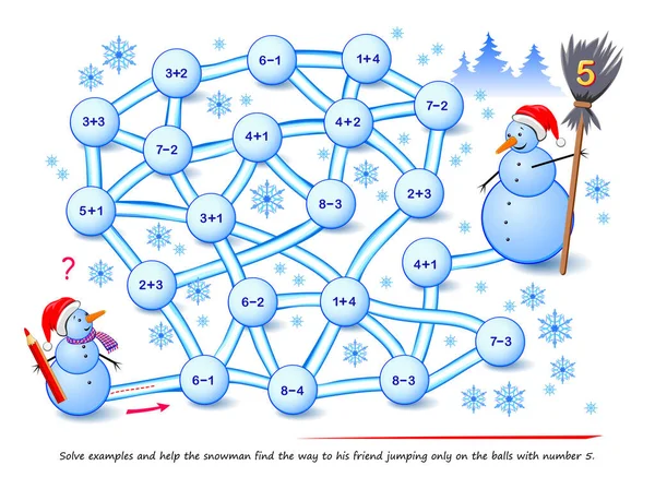 子供のための数学教育 子供のための迷路とロジックパズルゲーム 例を解決し 雪だるまが唯一の番号5でボールに飛び乗る彼の友人への道を見つけるのを助ける 道を描け オンラインでプレイ — ストックベクタ