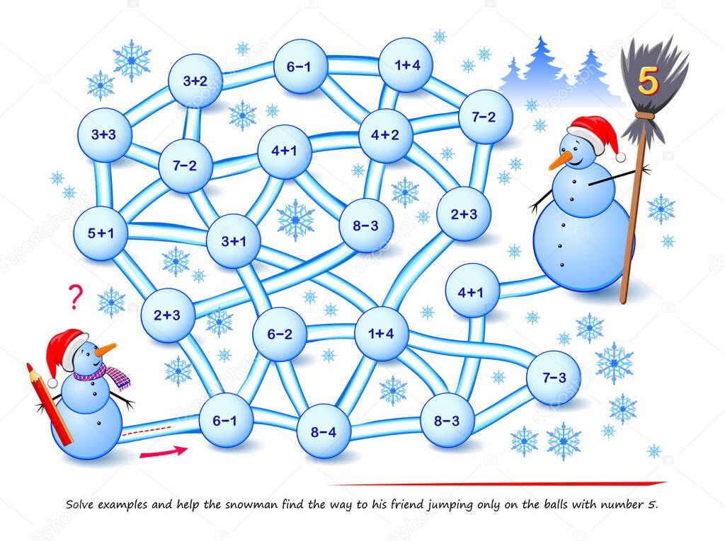 Math education for children. Logic puzzle game with maze for kids. Solve examples and help the snowman find the way to his friend jumping only on the balls with number 5. Draw the path. Play online.