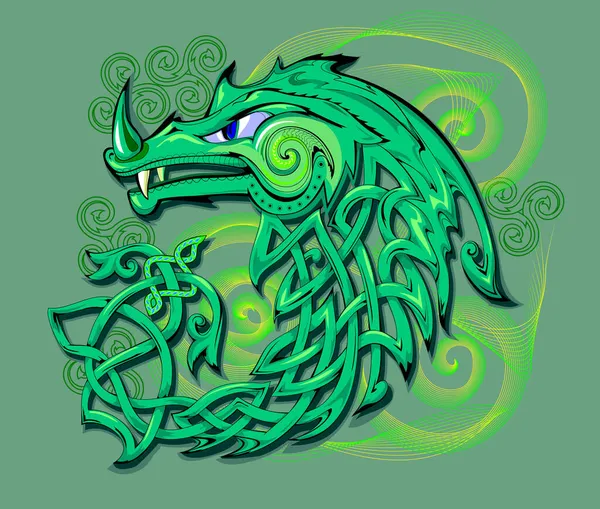 Fantasy Green Dragon Modern Art Mural Wallpaper Ancient Triple Spiral — Stock Vector