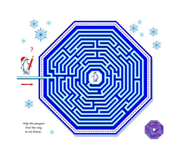 Logické Puzzle Hra Labyrintu Pro Děti Dospělé Pomozte Tučňákovi Najít — Stockový vektor