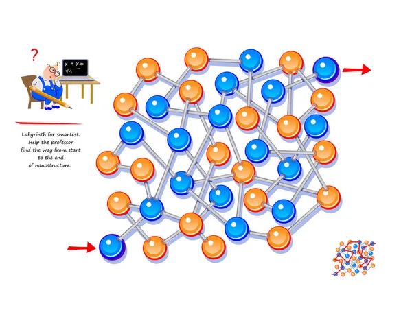最も賢いための迷路とロジックパズルゲーム 教授は ナノ構造の最初から最後までの方法を見つけるのに役立ちます 子供の脳の先生の本のためのワークシート オンラインでプレイ 3D迷路 ベクターイラスト — ストックベクタ