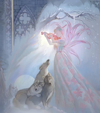 The call of the wild. Oil painting on wood. Fantasy illustration of beautiful Celtic fairy playing the violin in winter snowfall. Pack of wolves listening music. Surrealism style. clipart