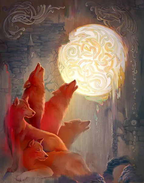 红狼木材上的油画 一个古老的中世纪凯尔特传说的幻想插图 狼群在野生哥特式自然环境中嚎叫古老的三重滴水符号 超现实主义风格 — 图库照片