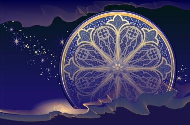 Sihirli işaretli soyut bir fantezi. Altın efektli koyu mavi gökyüzü çizimi. Tebrik kartı, poster, duvar kağıdı, davetiye, dekorasyon için baskı. Vektör resmi.