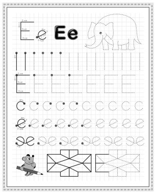 Çocuklar için kare kağıt üzerine eğitim sayfası. Çocuk okulu ders kitabı için siyah-beyaz çalışma kâğıdı. Sayma, çizme, yazma ve izleme becerileri geliştiriyor. Çevrimiçi eğitim sayfası.