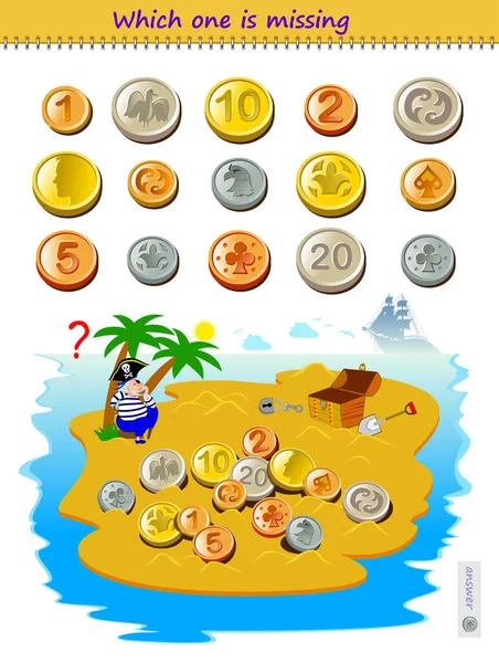 儿童和成年人的逻辑拼图游戏 找到海盗在宝岛上没有找到的硬币哪一个不见了 小孩子的脑筋急转弯书在网上玩老年人的记忆培训 — 图库矢量图片