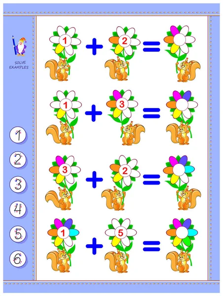 Educational Page Children Addition Solve Examples Write Numbers Circles Printable — Stock Vector