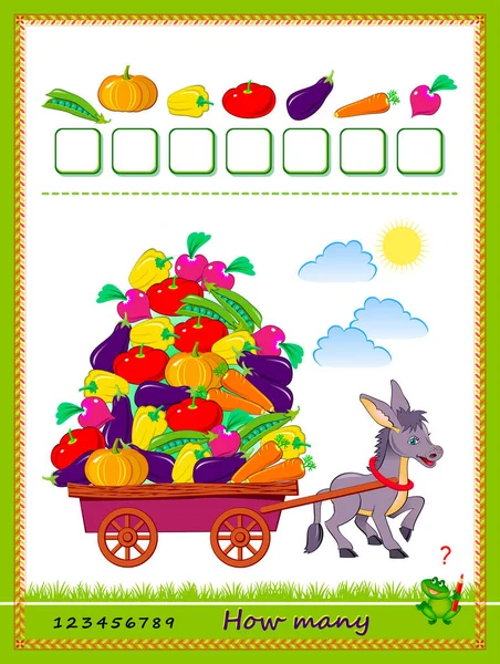 Çocuklar için matematik eğitimi. Kaç tane sebze toplandı eşek? Miktarı say ve rakamları yaz. Sayma becerileri geliştiriyorum. Mantık bulmacası oyunu. Okul ders kitabı için çalışma çizelgesi. Çocuk faaliyet sayfası.