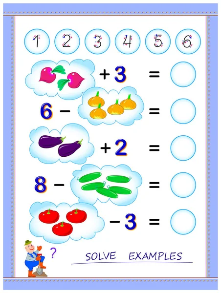追加と減算に関する小さな子供のための教育ページ 例を解決し 野菜の量をカウントし 数を書いてください 子供数学学校の教科書用の印刷可能なワークシート オンラインでプレイ — ストックベクタ