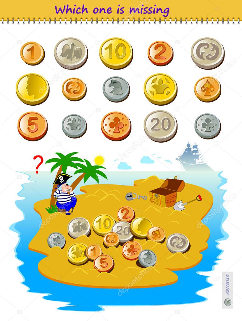 Logic puzzle game for children and adults. Find the coin the pirate did not find on the treasure island. Which one is missing? Kids brain teaser book. Play online. Memory training for seniors.