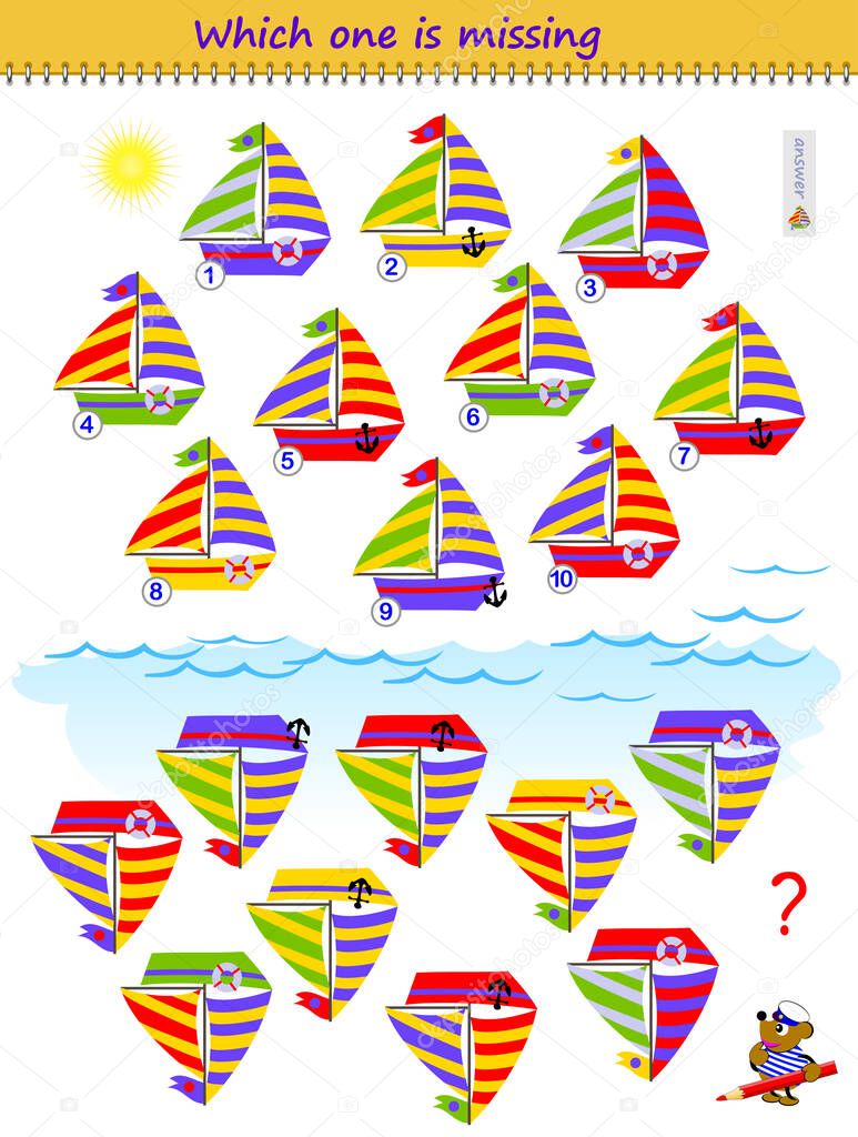 Find the reflection of each sailboat. Which one is missing? Logic puzzle game for children and adults. Printable page for kids brain teaser book. IQ test. Play online. Memory training for seniors.