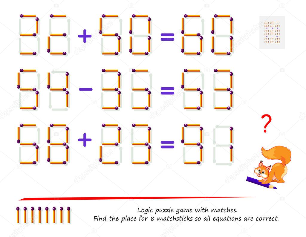 Logic puzzle game with matches. Find the place for 8 matchsticks so all equations are correct. Math tasks on addition and subtraction. Brain teaser book. Play online. Memory training for seniors.