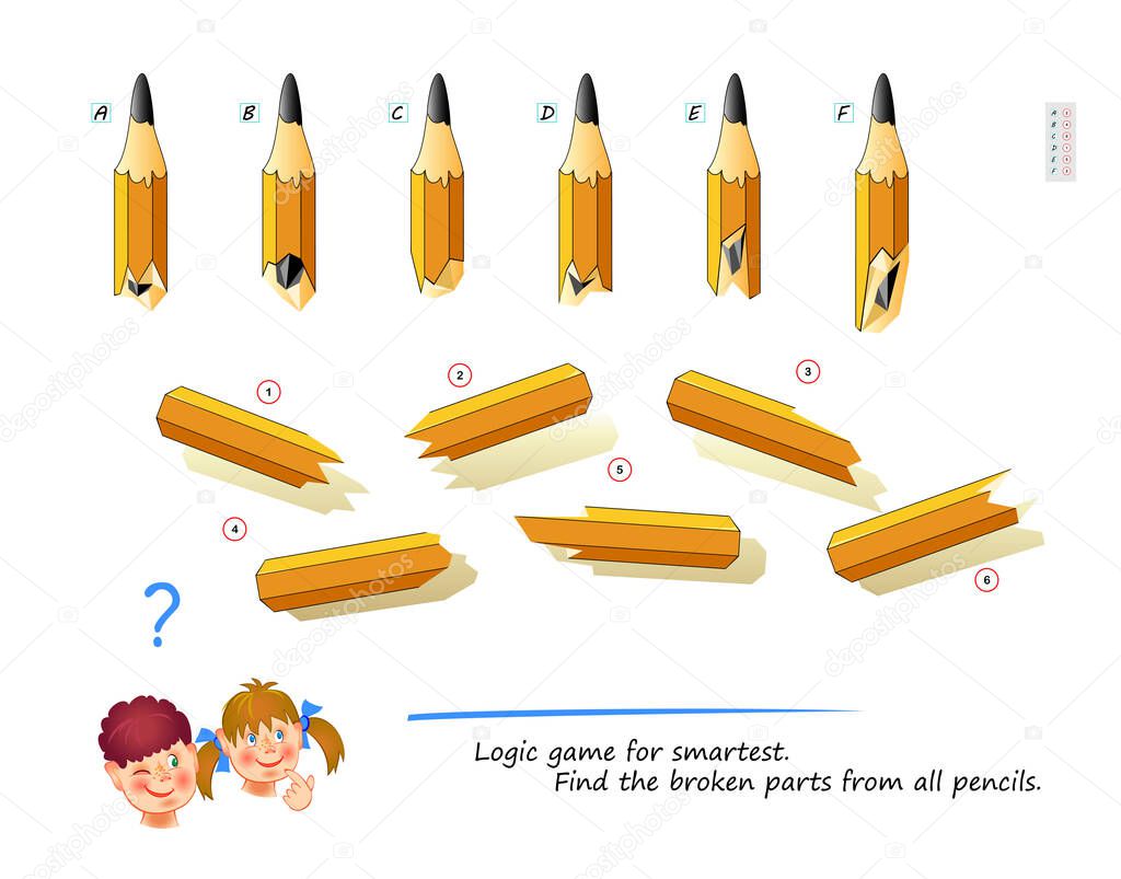 Logic game for smartest. Find the broken parts from all pencils. Printable page for brain teaser book. 3D puzzle. IQ test. Play online. Developing spatial thinking. Brainteaser. Flat vector.