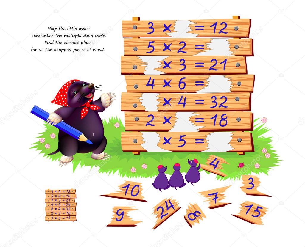 Help the little moles remember the multiplication table. Find the correct places for all the dropped pieces of wood. Logic puzzle game. Math education. Worksheet for kids school. Play online.