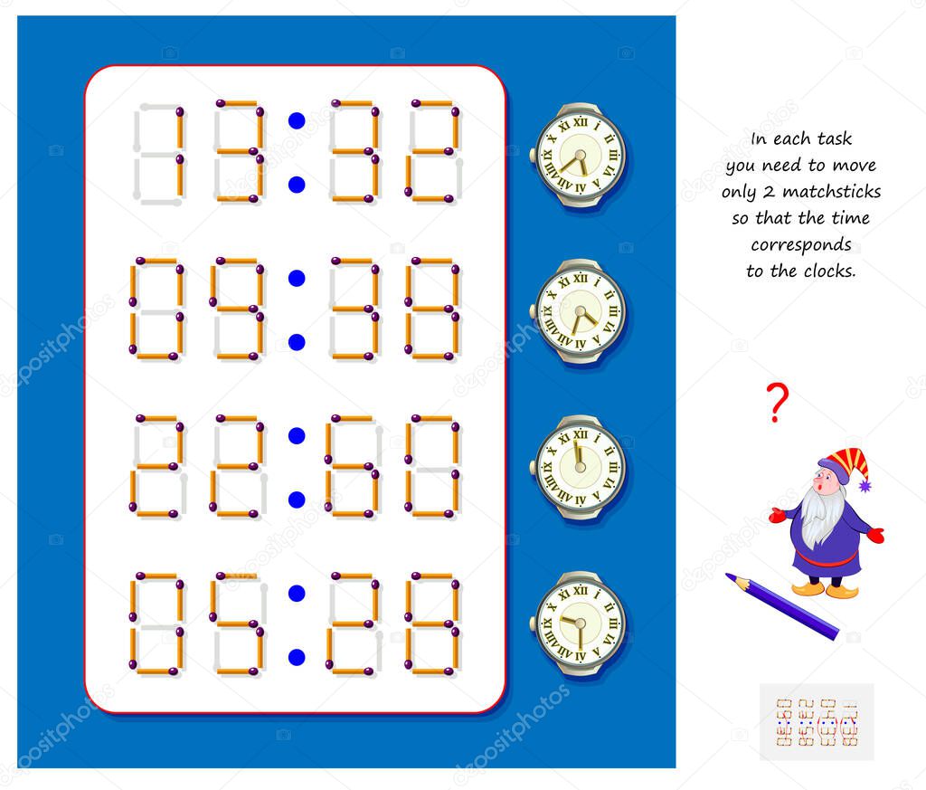 Logic puzzle game with matches. In each task need to move only 2 matchsticks so the time corresponds to clocks. Brain teaser book. Play online. Memory training for seniors. Spatial thinking skills.