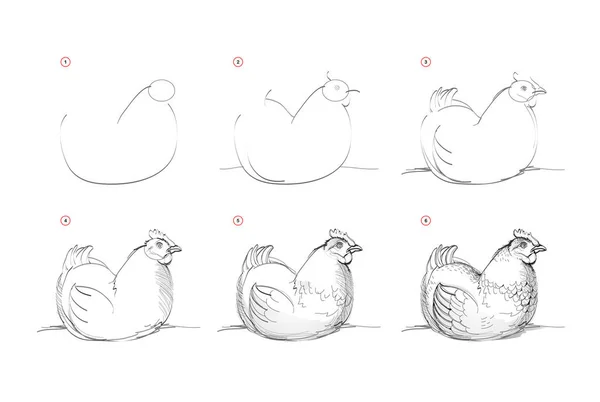 Página Muestra Cómo Aprender Dibujar Bocetos Gallina Creación Paso Paso — Archivo Imágenes Vectoriales