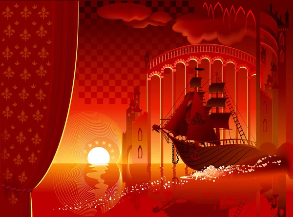 おとぎ話の装飾のための抽象的な背景 幻想的な赤い帆船が架空の王国を旅しています グリーティングカード ポスター 招待状 劇場公演を印刷します 子供のためのベクトル画像 — ストックベクタ