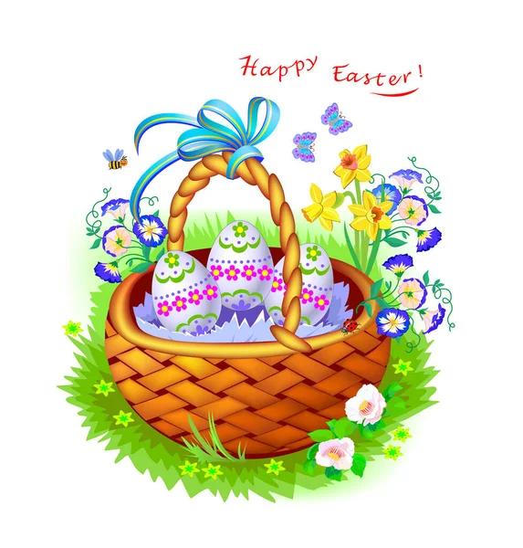 Tarjeta Felicitación Pascua Ilustración Cesta Con Flores Primavera Huevos Felices — Vector de stock