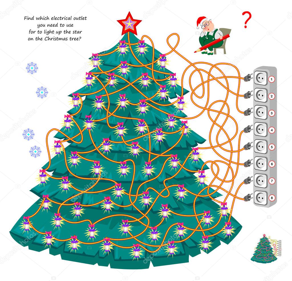Logic puzzle game with labyrinth for children and adults. Find which electrical outlet you need to use for to light up the star on the Christmas tree? Brain teaser book. IQ test. Play online.