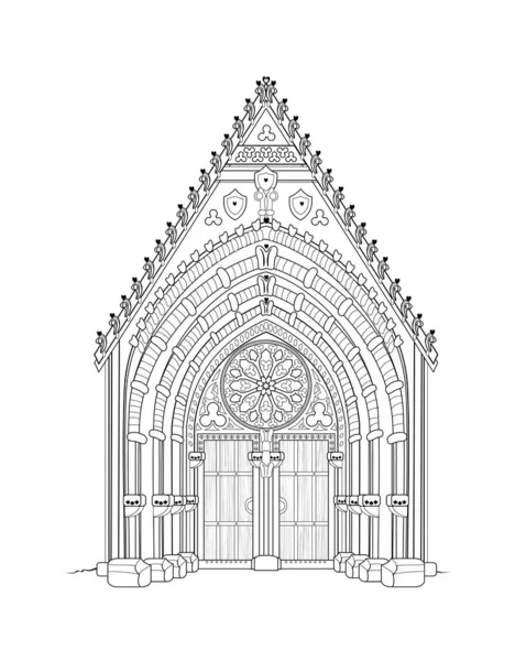 Drawing Ancient Gothic Portal Entrance Medieval Catholic Cathedral Black White — Stockvektor