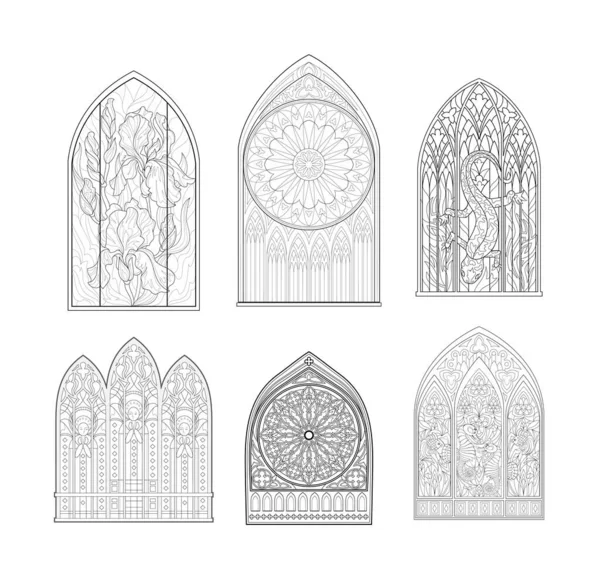 Set Beautiful Medieval Stained Glass Windows French Churches Black White — стоковый вектор