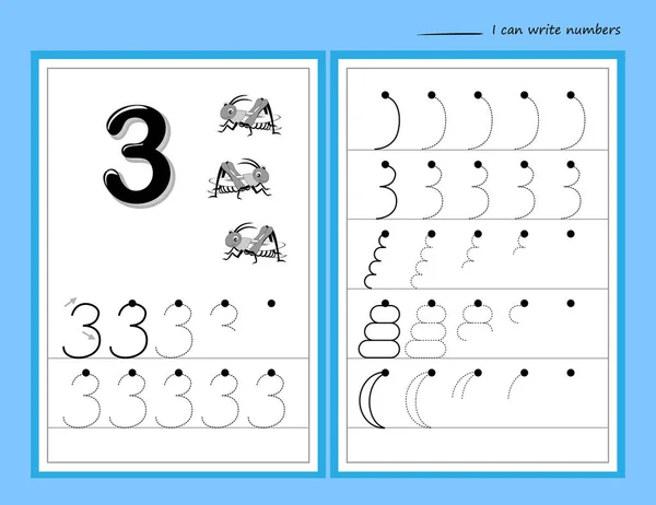 Learn Count Trace Number Three Set Educational Pages Line Little — Vettoriale Stock