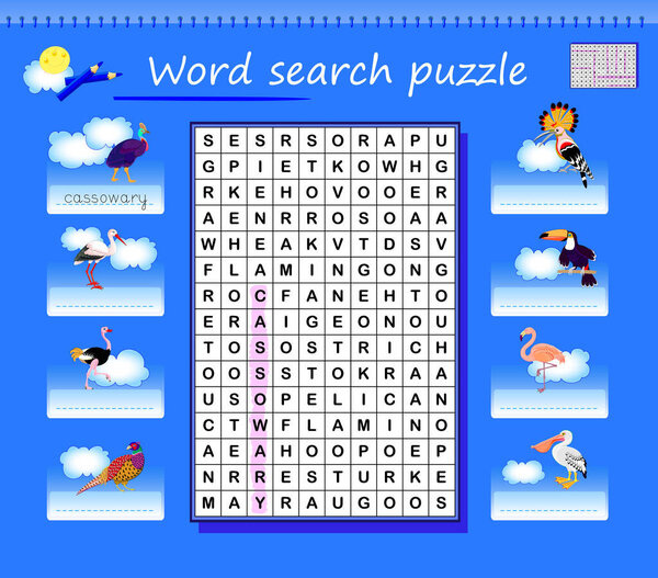 Word search puzzle. Learn and write English names of birds. Educational page for children school textbook. Worksheets for kids. Developing reading and tracing skills. Vector cartoon illustration.