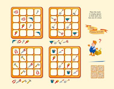 Çocuklar için Alet Sudoku. Zeka oyunu kitabı için sayfa. Çocuklar için bir dizi mantık oyunu. Enstrümanları boş alanlara yerleştir ki her çizgi tek bir türe sahip olsun. İnternette oyna. Vektör illüstrasyonu.