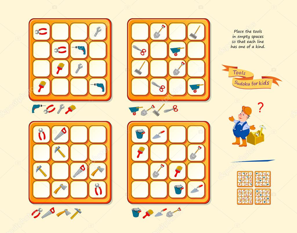 Tools Sudoku for kids. Page for brain teaser book. Set of logic puzzle games for children. Place instruments in empty spaces so that each line has one of a kind. Play online. Vector illustration.