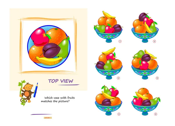 Logic Game Children Adults Which Vase Fruits Matches Picture Top — 스톡 벡터