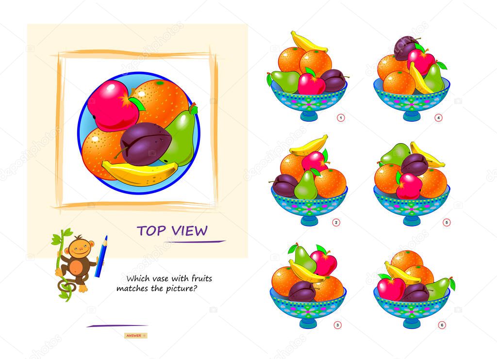 Logic game for children and adults. Which vase with fruits matches the picture? Top view puzzle. 3D maze. Page for brain teaser book. Developing spatial thinking. IQ test. Vector illustration.