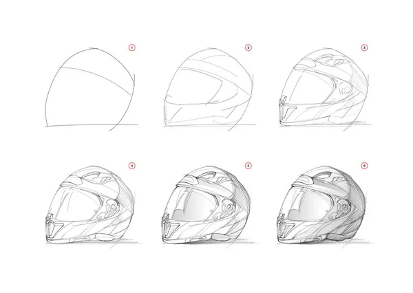 Page Shows How Learn Draw Sketch Motorcycle Helmet Creation Step — Image vectorielle